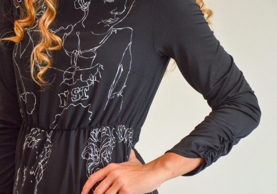 Black dress with hand made drawn white figure design III.